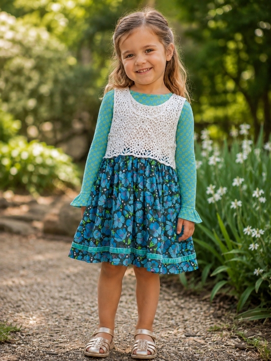 Matilda Jane Other - Matilda Jane Blue Floral Ivory Crochet Dress Girls Size 4